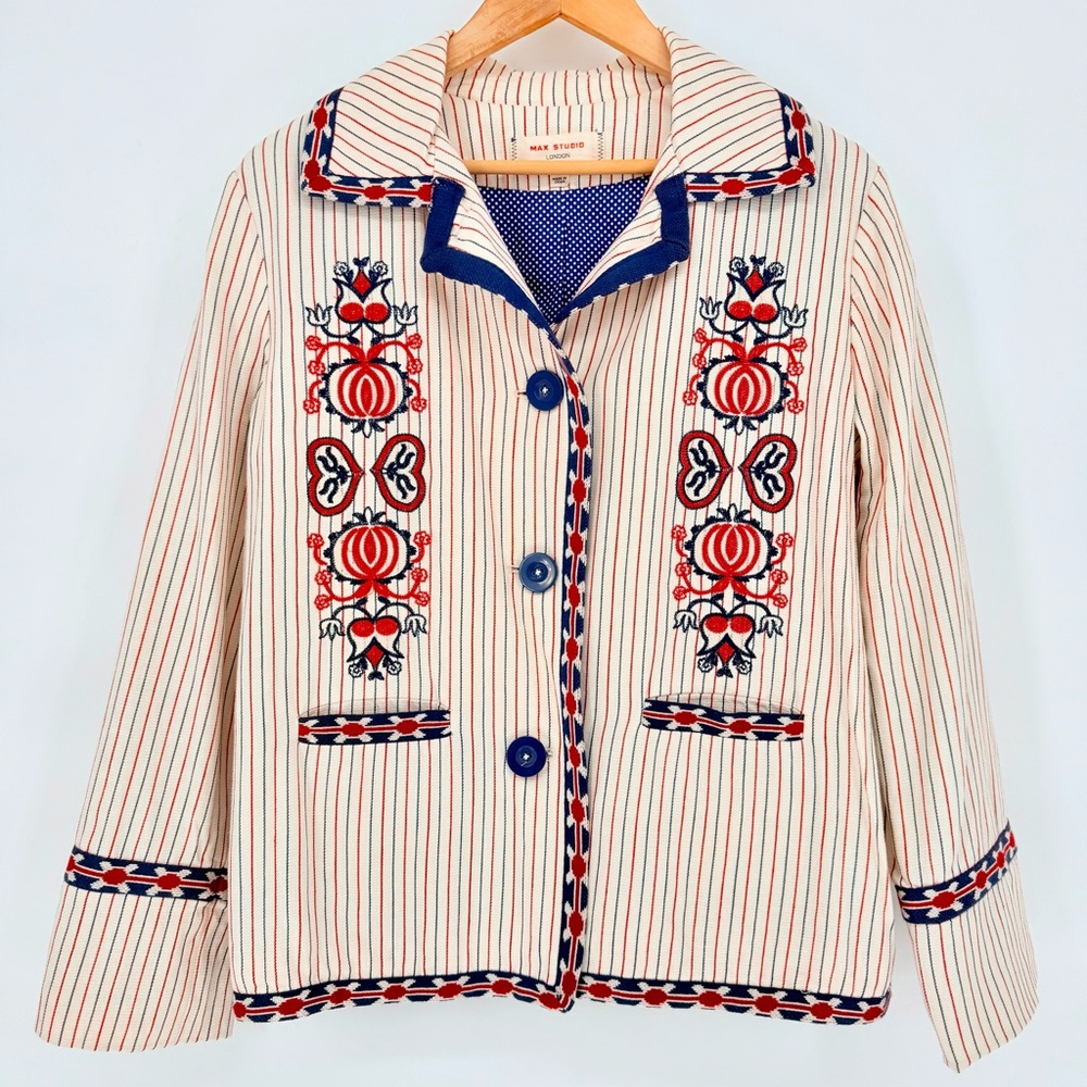 Max Studio London Natalie Embroidered Blazer Jacket L Large Cream Red Boho Folk - Picture 5 of 13